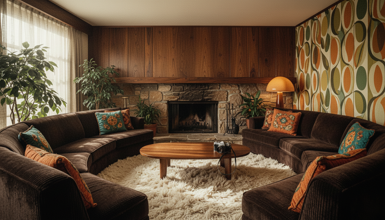 A warm seventies conversation pit with soft couches and a welcoming rug