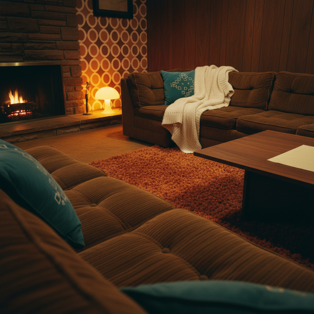 An intimate fireside corner with soft brown corduroy couches, a fluffy orange rug, a knitted cream blanket and a glowing mushroom lamp