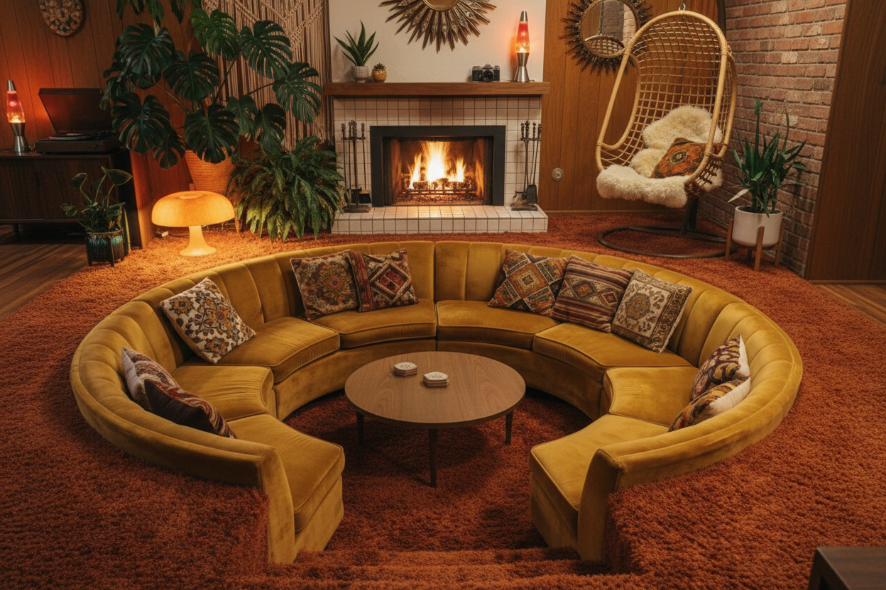 Steps lead into a golden seventies conversation pit with curved couches, a round coffee table and a glowing fireplace