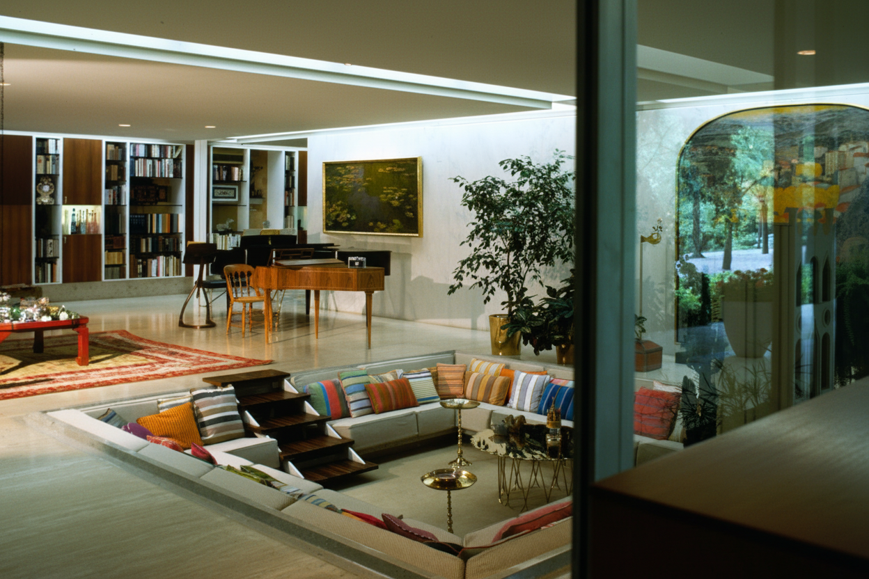 Steps invite you down into a sunken conversation pit lined with colorful striped cushions, beside warm wood furniture and leafy plants